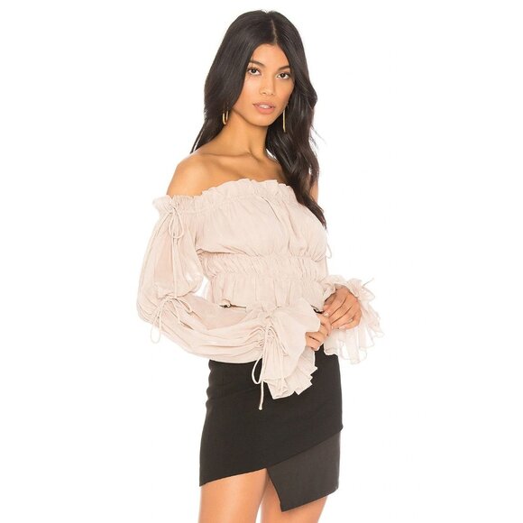 CHRISSY TEIGEN x REVOLVE Sands Nude Chiffon Ruched Off Shoulder Blouse, Size XS - Picture 2 of 14